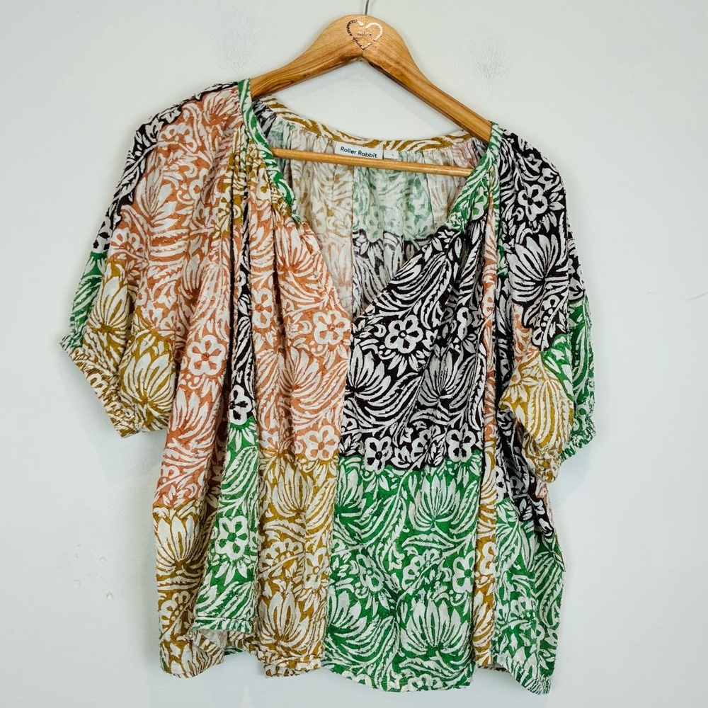 Roller Rabbit mixed print orange green brown &white boho patterned cotton top. L - Picture 2 of 6